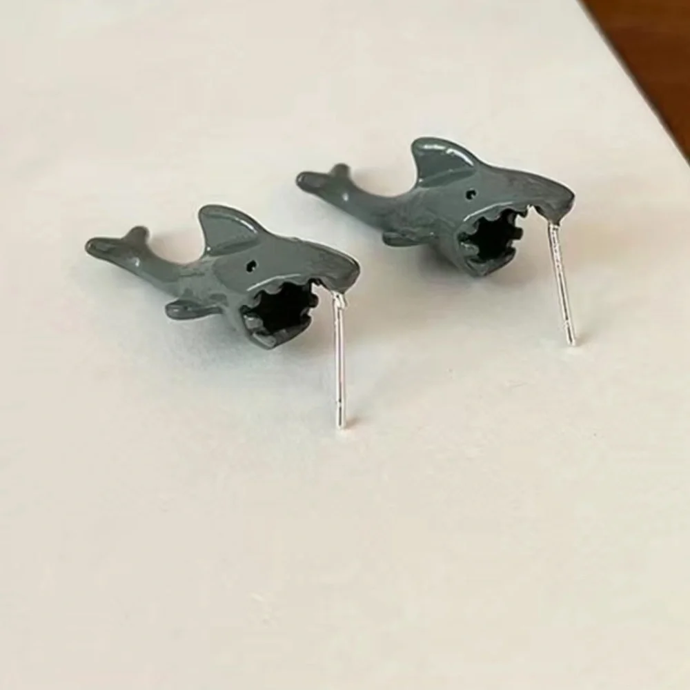 Small Shark Biting Ears Cute Funny Design| Earring Art Stud Jewelry Gift - Picture 3 of 5